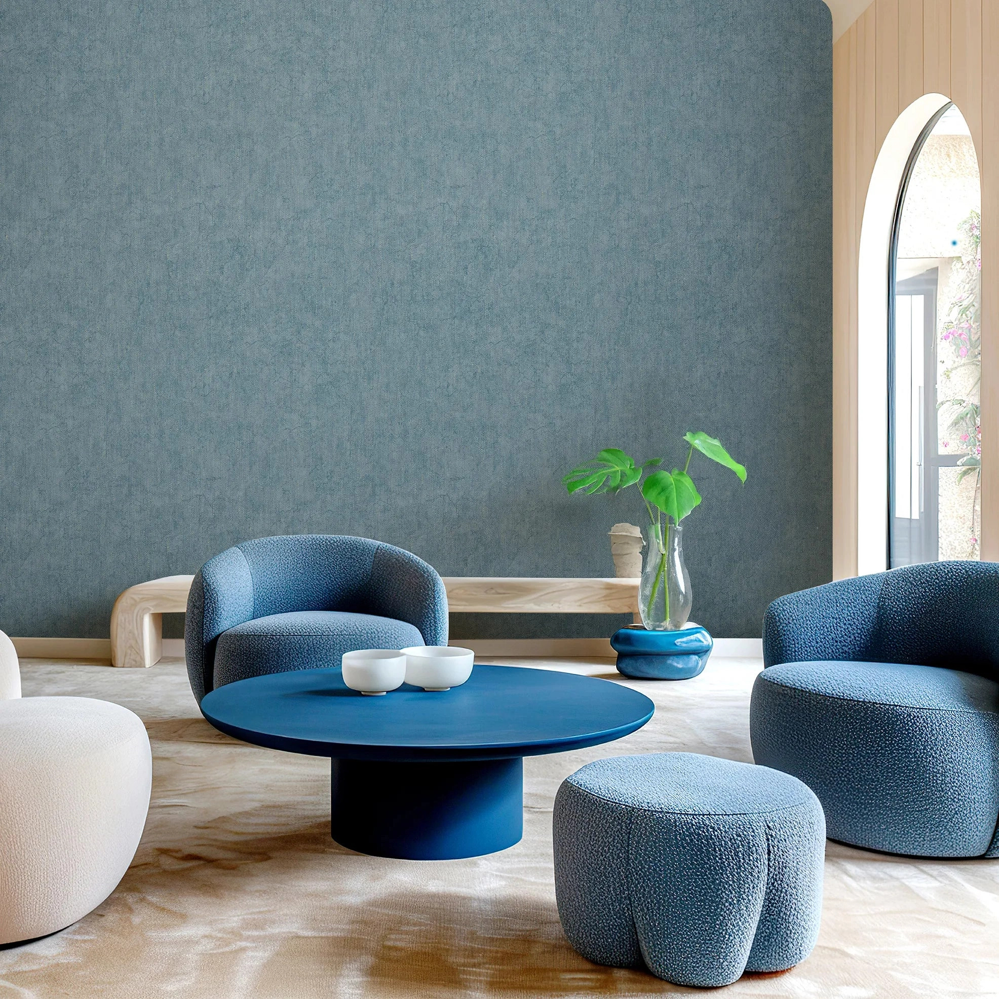 Design tapéta ezüstszórt textilhatású mintával kék színben