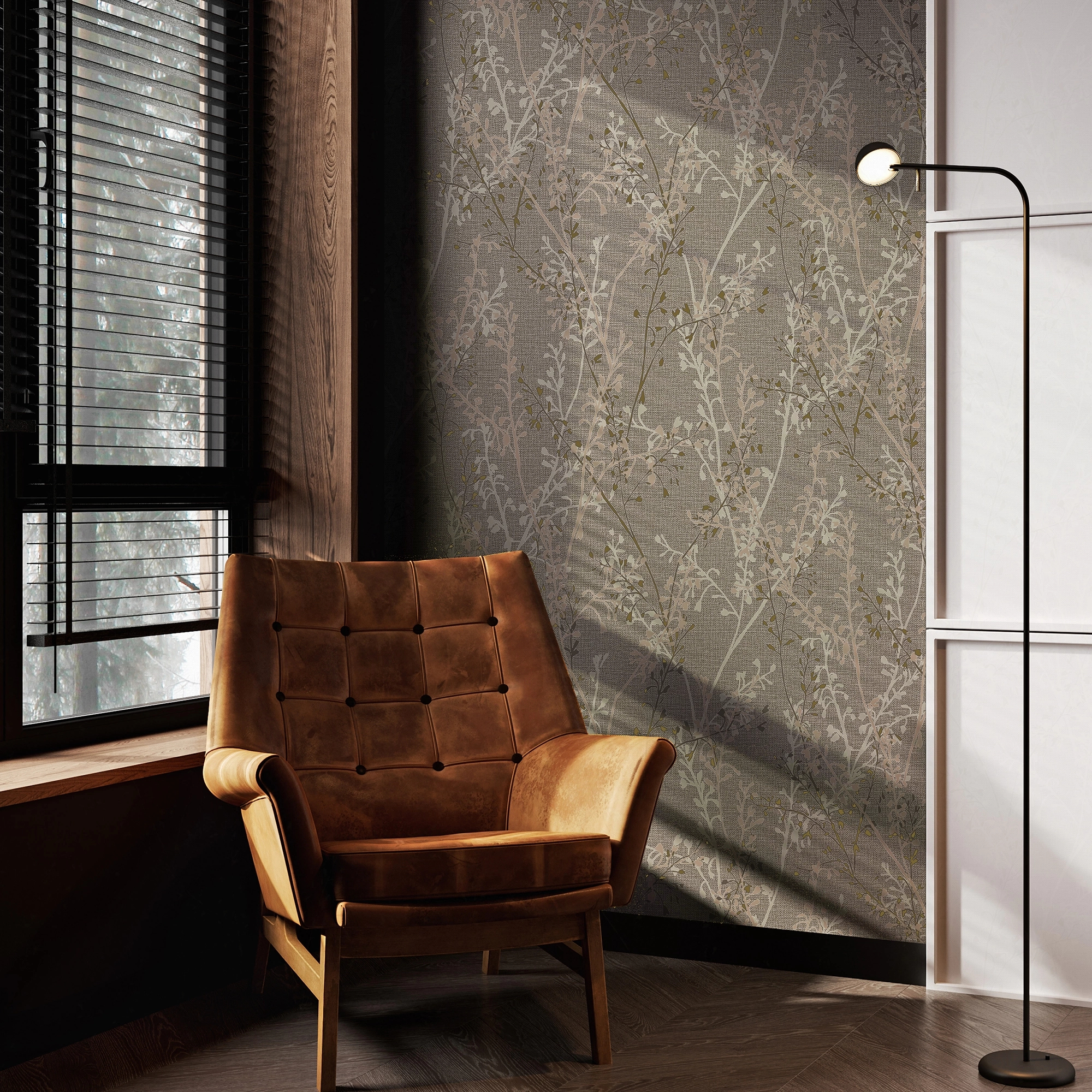 Design tapéta faág mintával tope, arany és gyöngyház színben