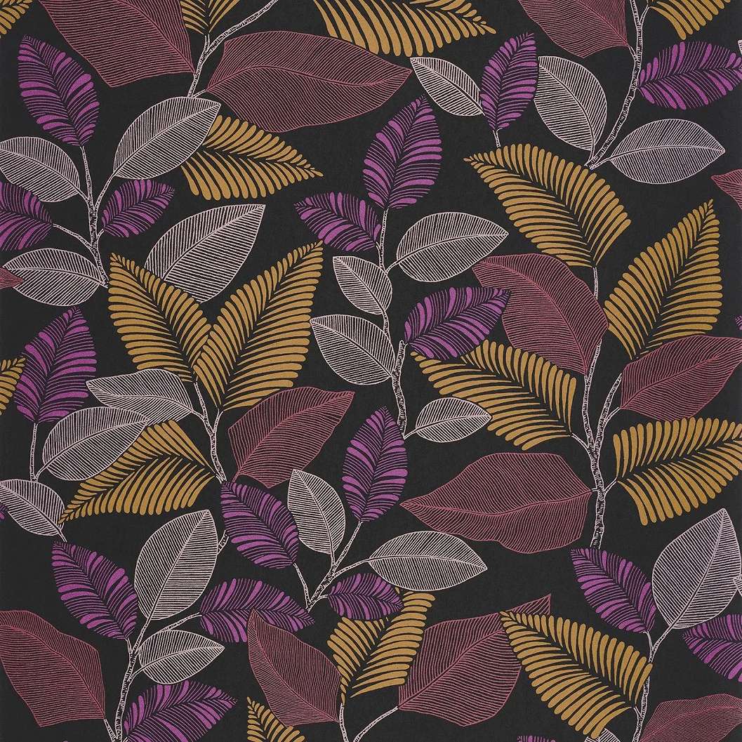 Design tapéta falevél ágakkal mintával lila és mustársárga színben