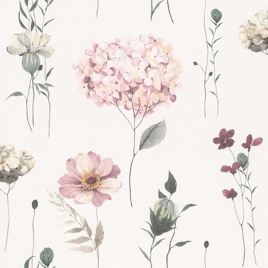 Design tapéta fehér alapon levél és rózsaszín virág mintával