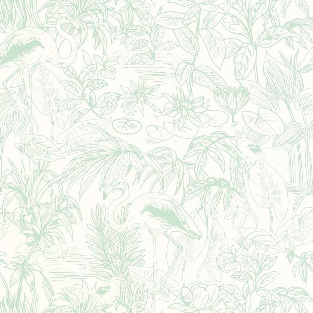 Design tapéta fehér alapon zöldes trópusi botanikus és madár mintákkal