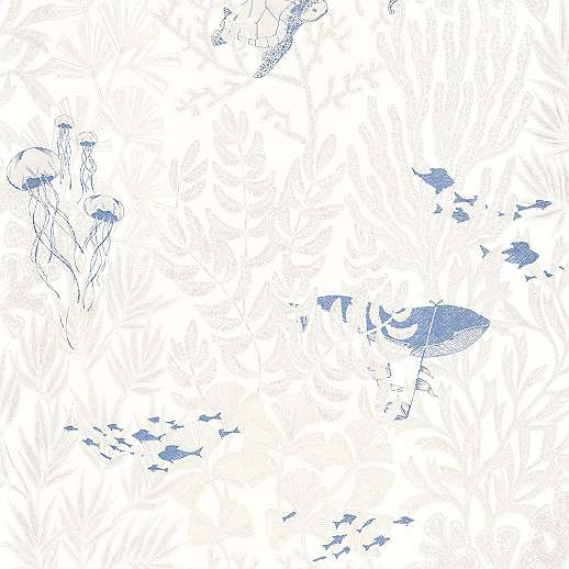 Design tapéta fehér tengeri botanikus és kék bálna medúza mintákkal