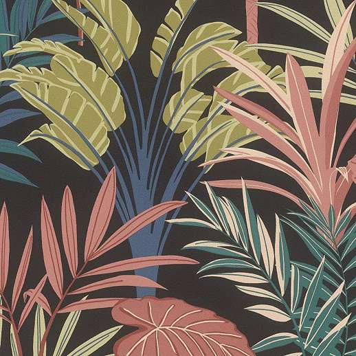 Design tapéta fekete alapon színes trópusi pálmaleveles mintával