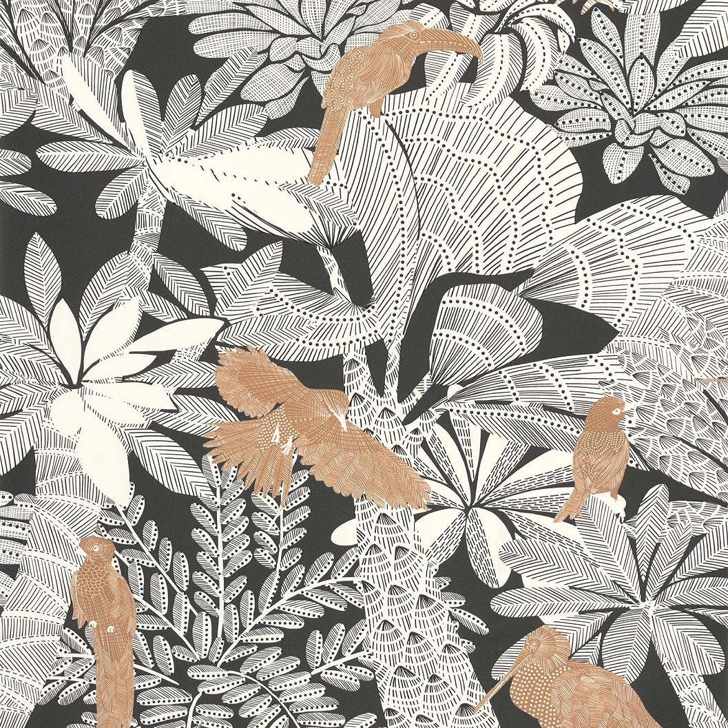 Design tapéta fekete fehér dzsungel mintával óarany madarakkal