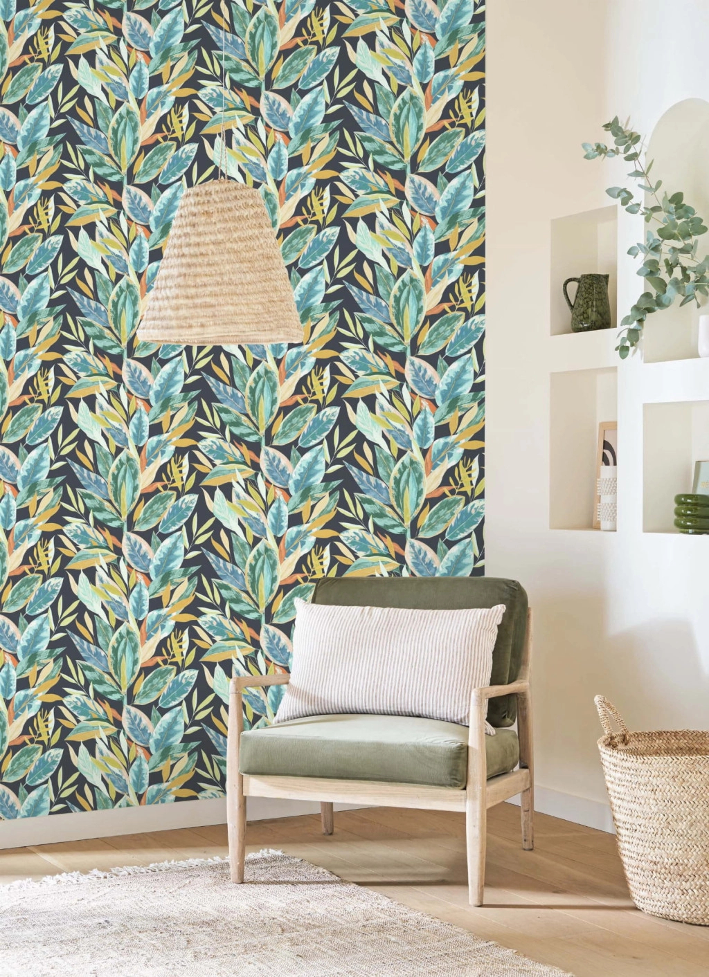 Design tapéta ficus mintával kék és fekete színben