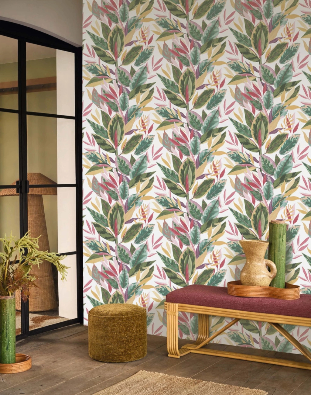 Design tapéta ficus mintával zöld és rózsaszín színben