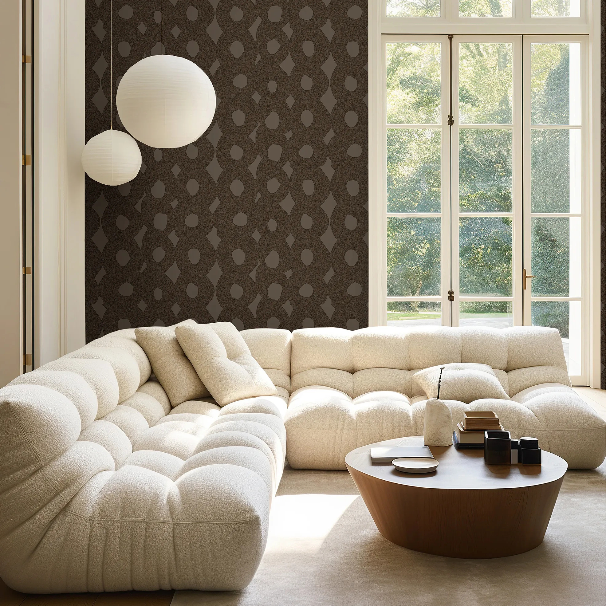 Design tapéta geometriai mintával csokibarna színben