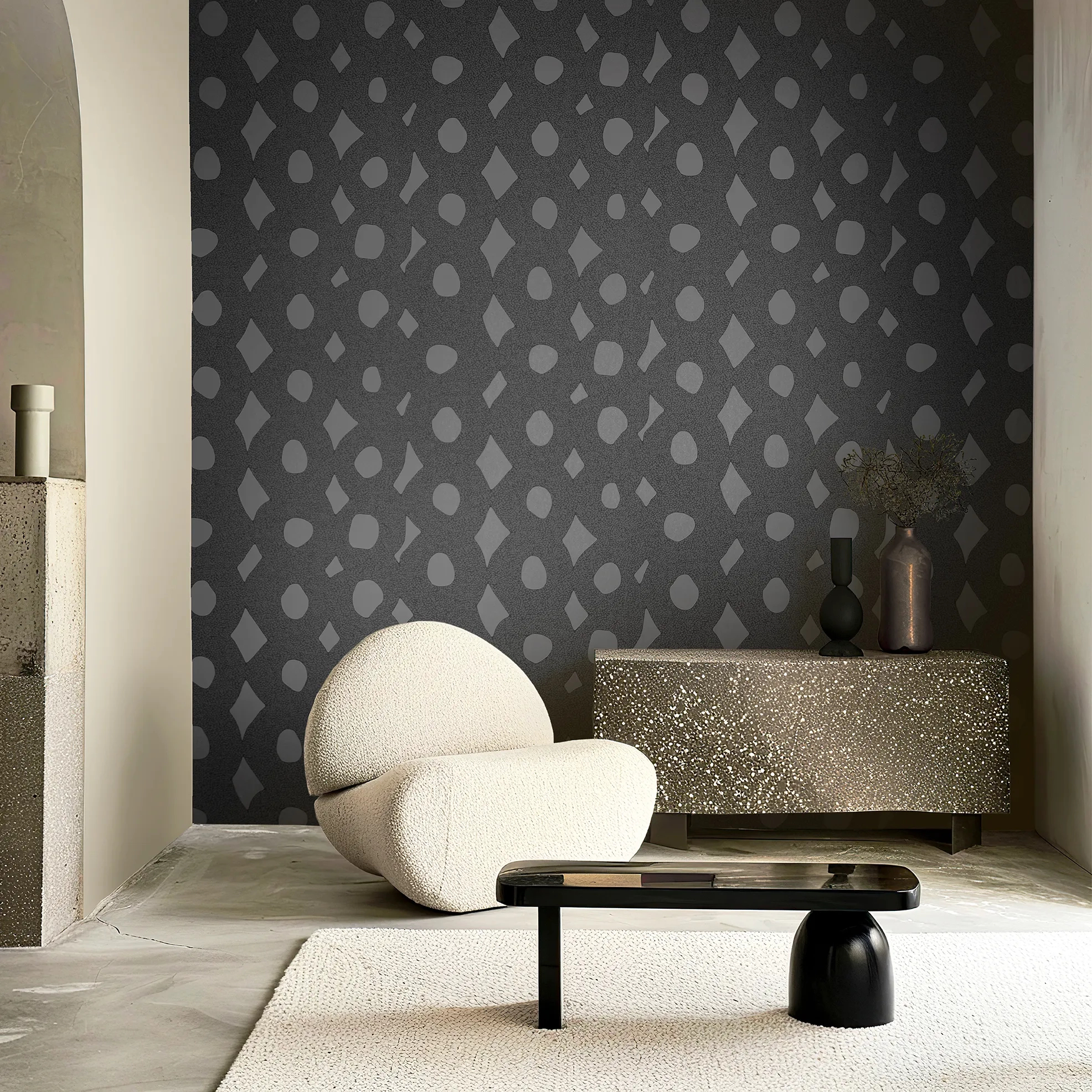 Design tapéta geometriai mintával fekete színben