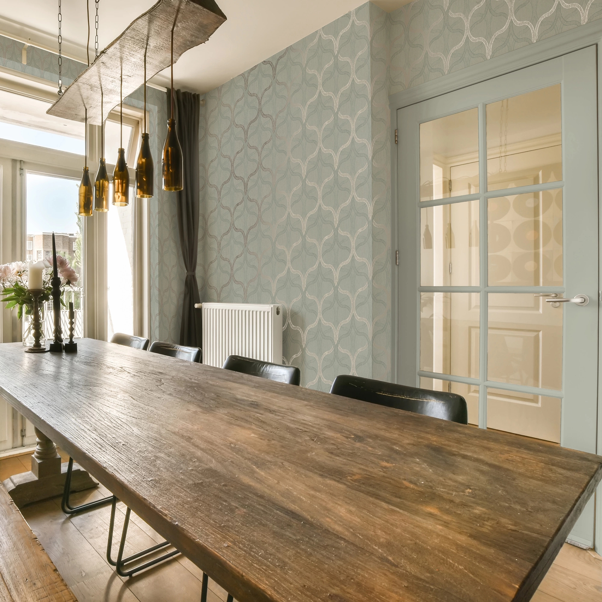 Design tapéta geometrikus mintával zsályazöld és réz színben