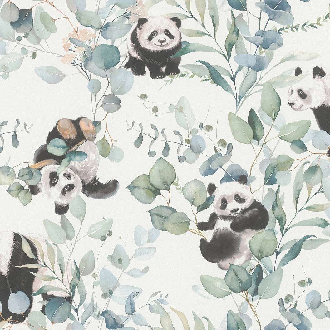 Design tapéta gyerekeknek panda és kékes zöld levél mintával akvarell stílusban