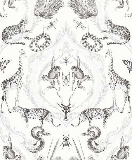 Design tapéta gyöngyházfehér alapon egzotikus állat mintákkal