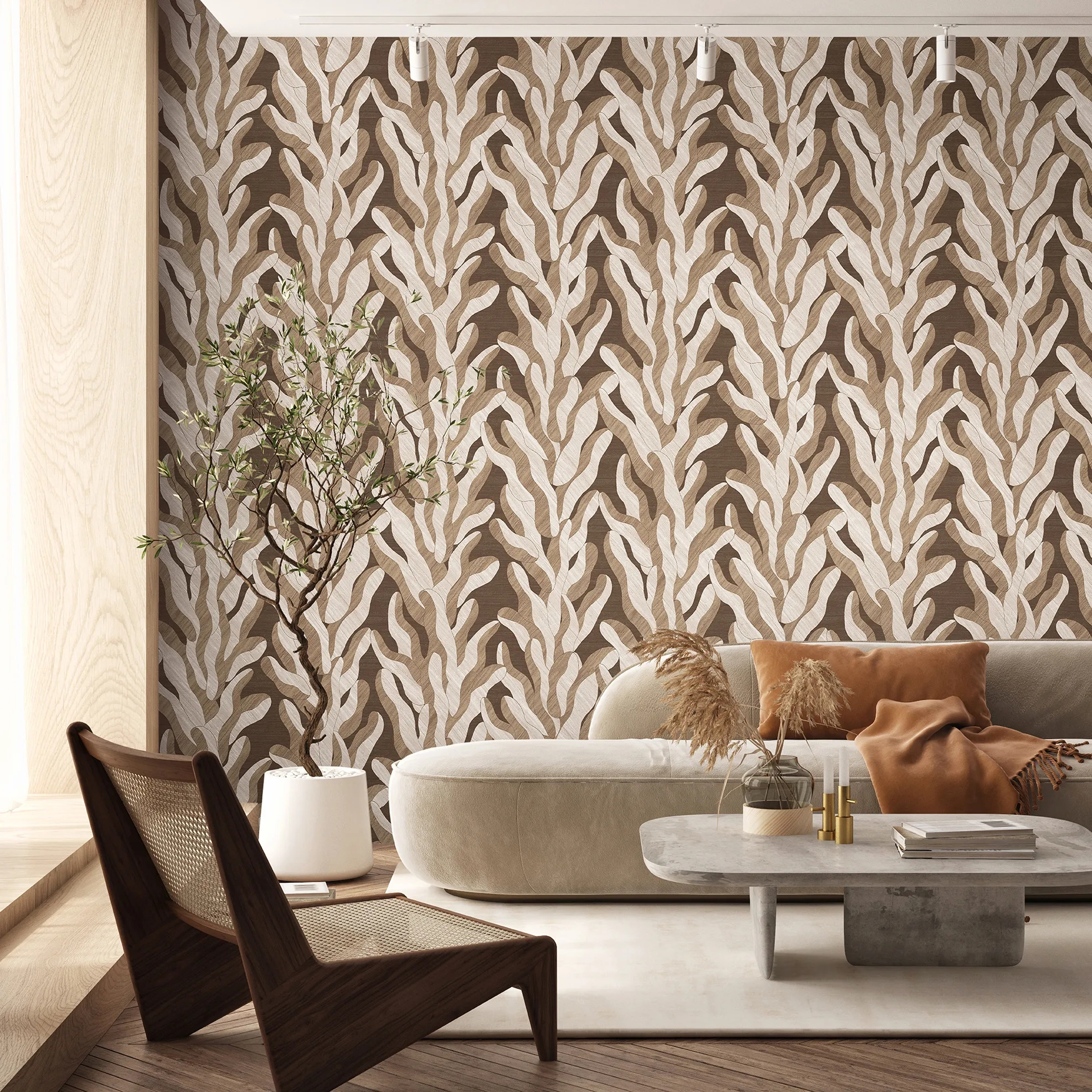 Design tapéta hínár mintával barna színben