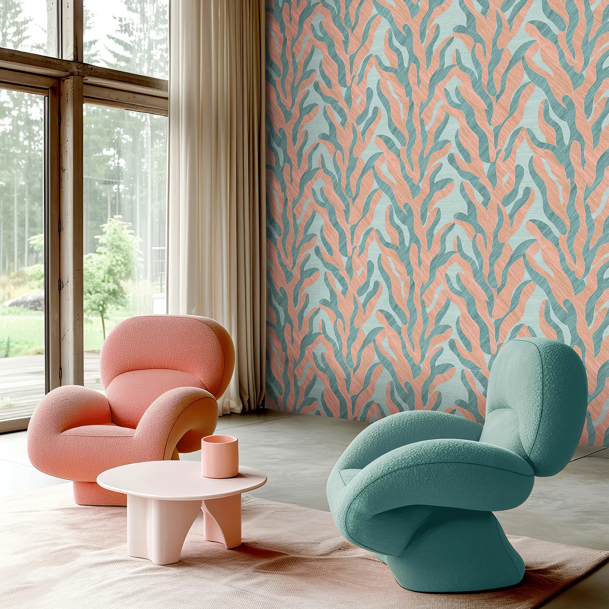 Design tapéta hínár mintával korall és zöld színben