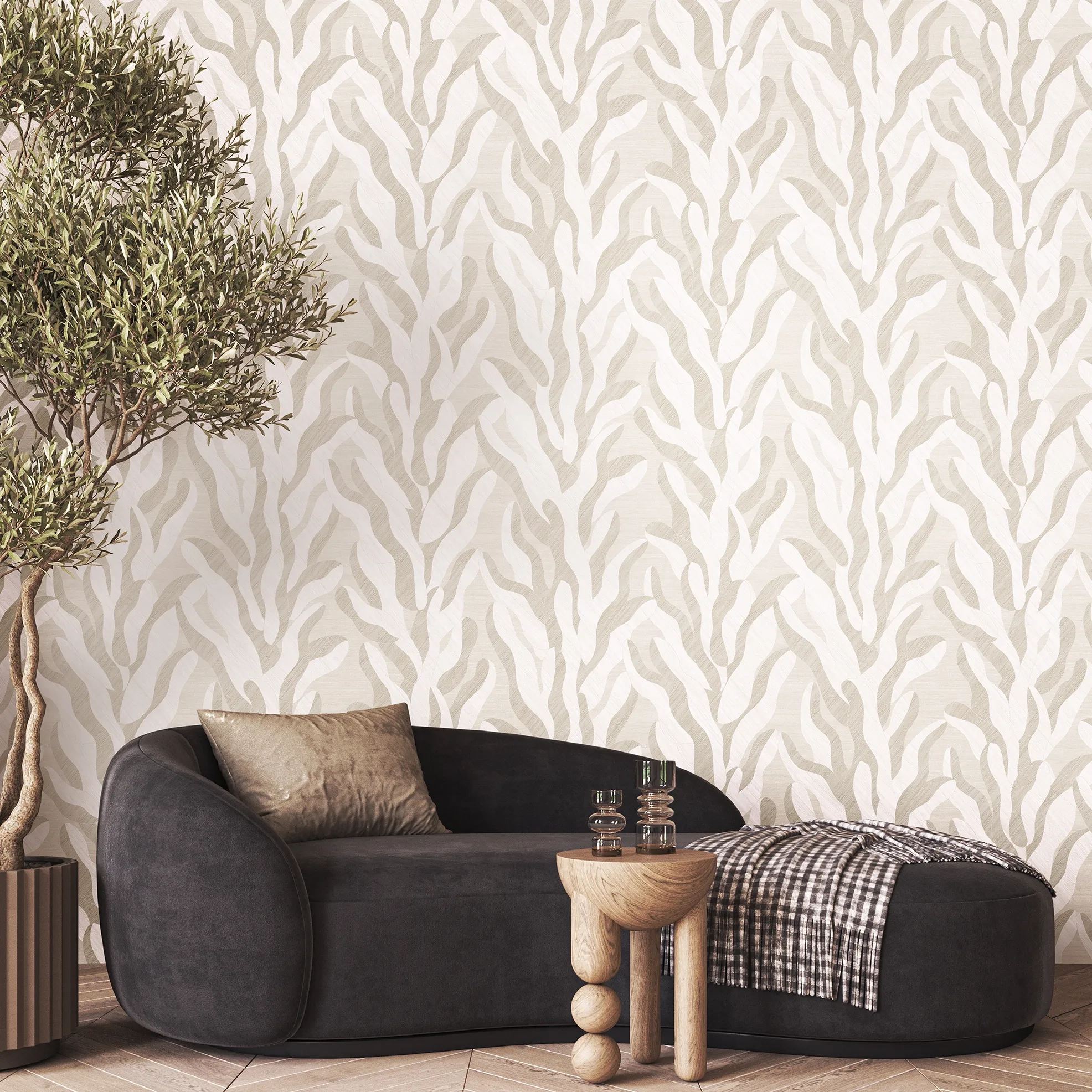 Design tapéta hínár mintával krém és beige színben