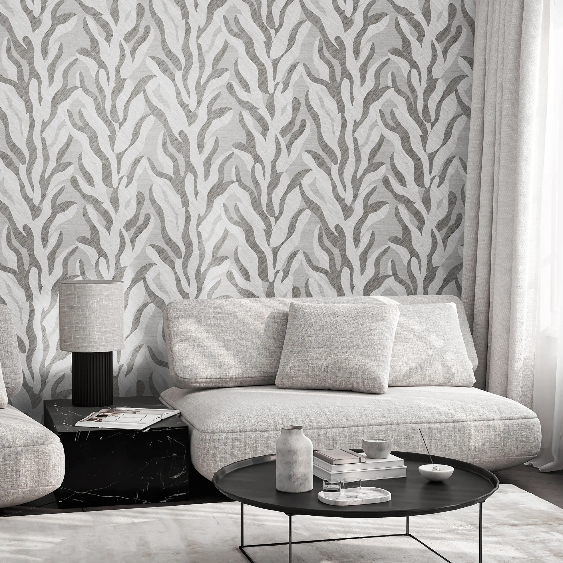 Design tapéta hínár mintával szürke színben