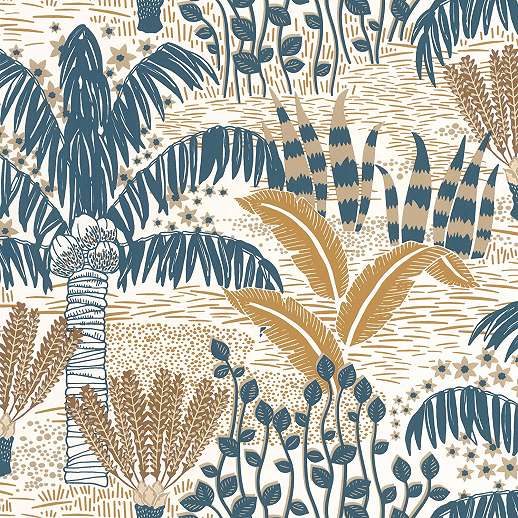 Design tapéta indigókék pálmafa mintával rajzolt stílusban