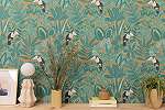 Design tapéta kék zöld tukán madár és botanikus mintával
