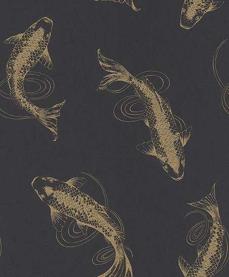 Design tapéta keleti stílusban koi ponty mintával fekete, arany színben