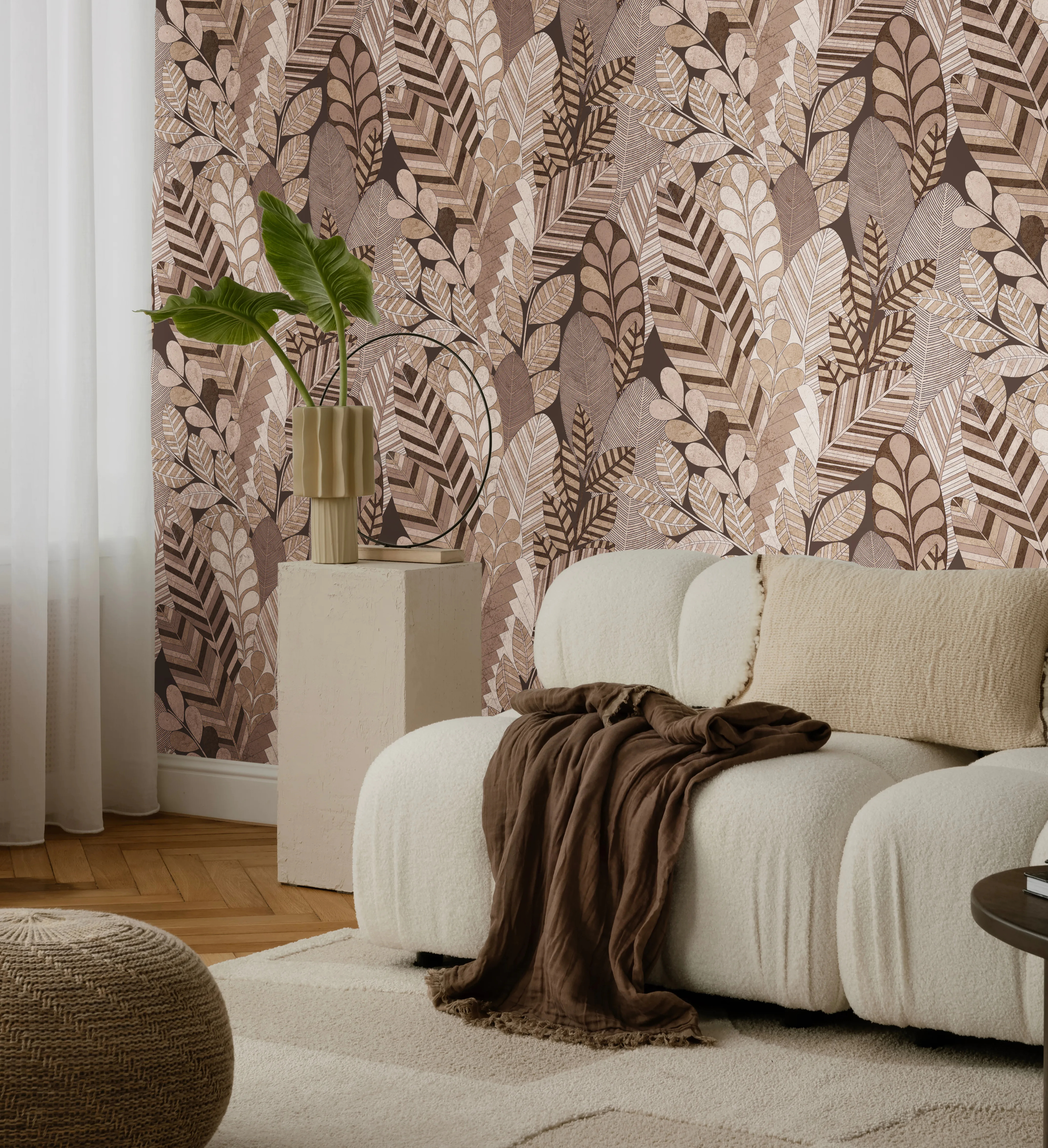 Design tapéta levél mintával barna színben