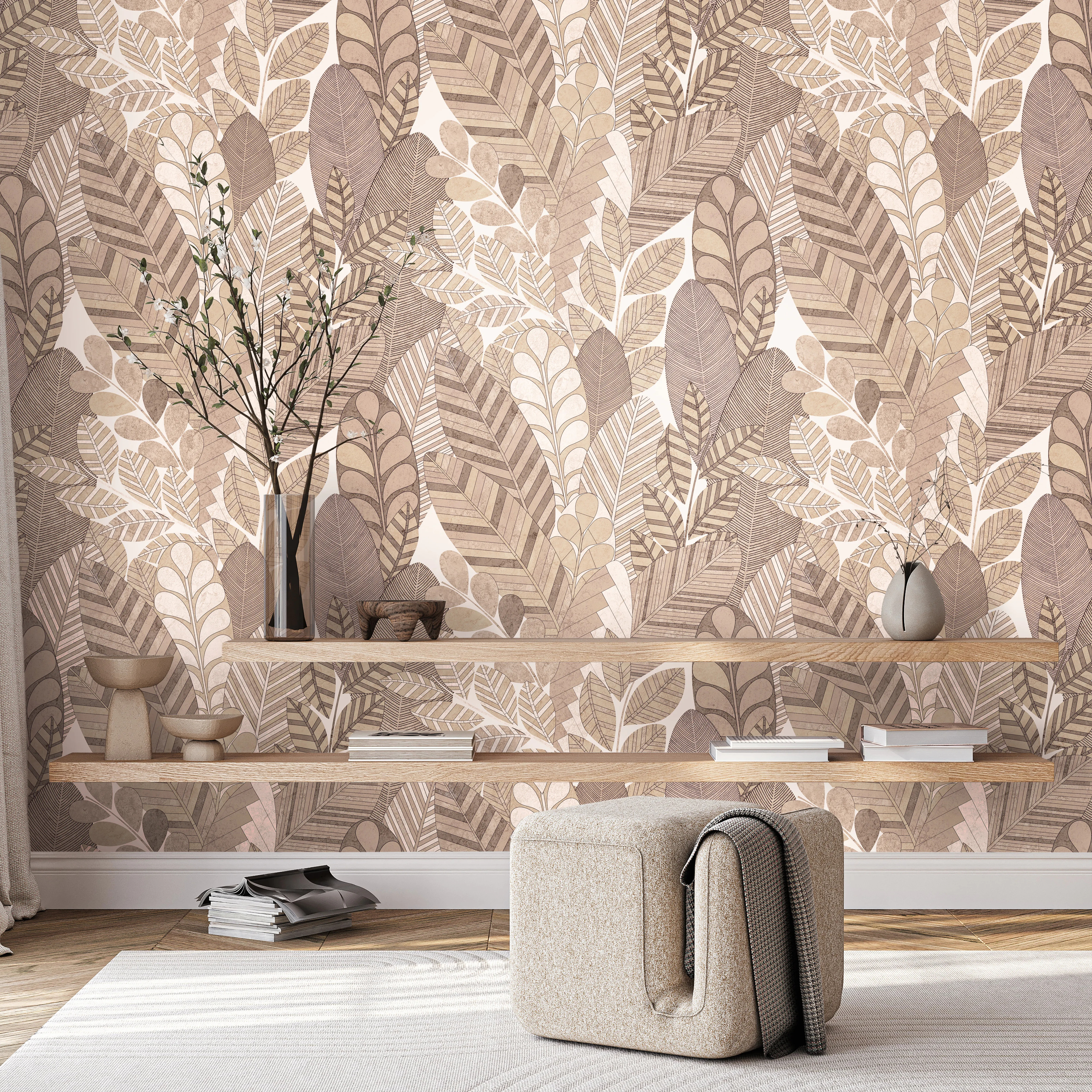 Design tapéta levél mintával beige színben