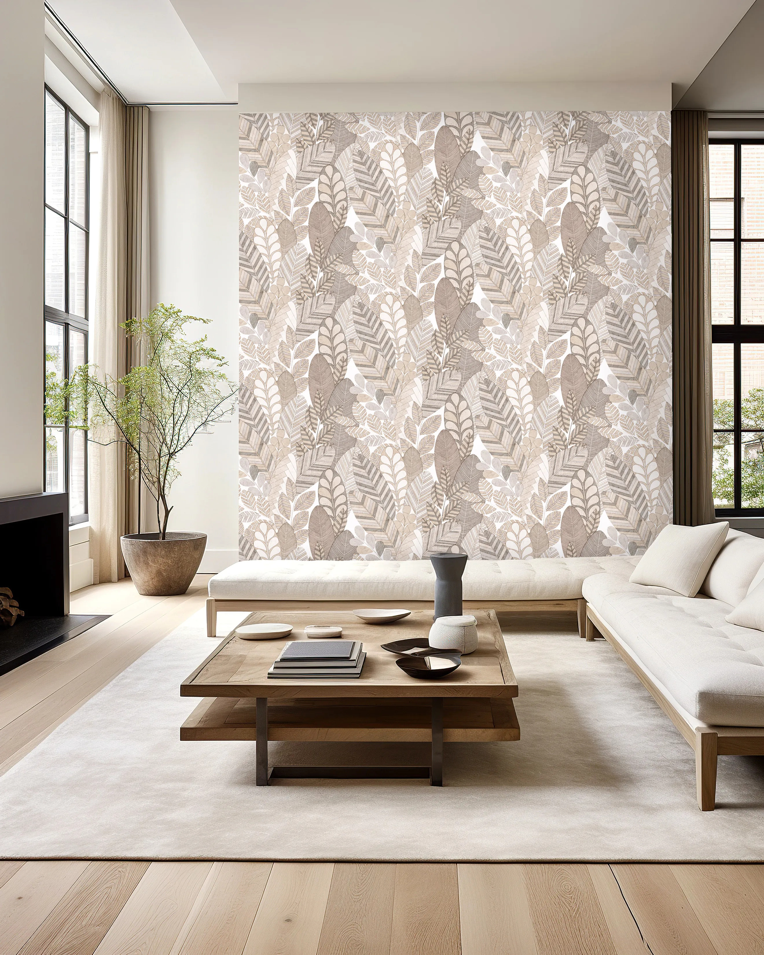 Design tapéta levél mintával fehér és krém színben