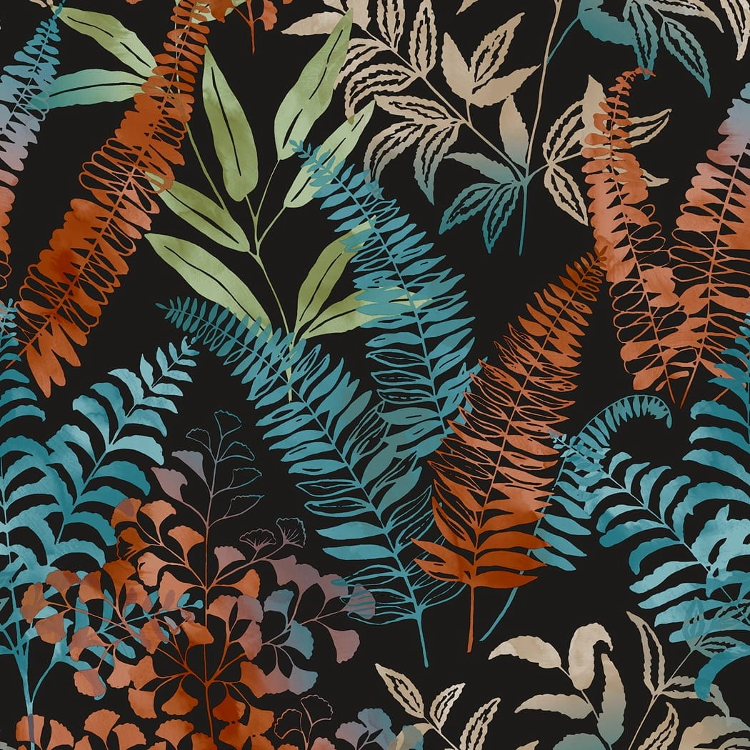 Design tapéta levél mintával fekete, kék és bordó színben