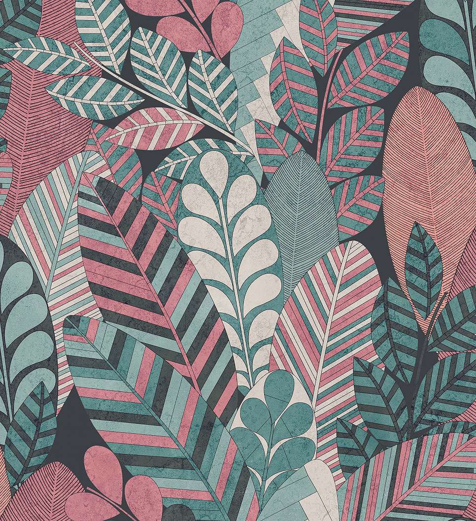 Design tapéta levél mintával korall és zöld színben