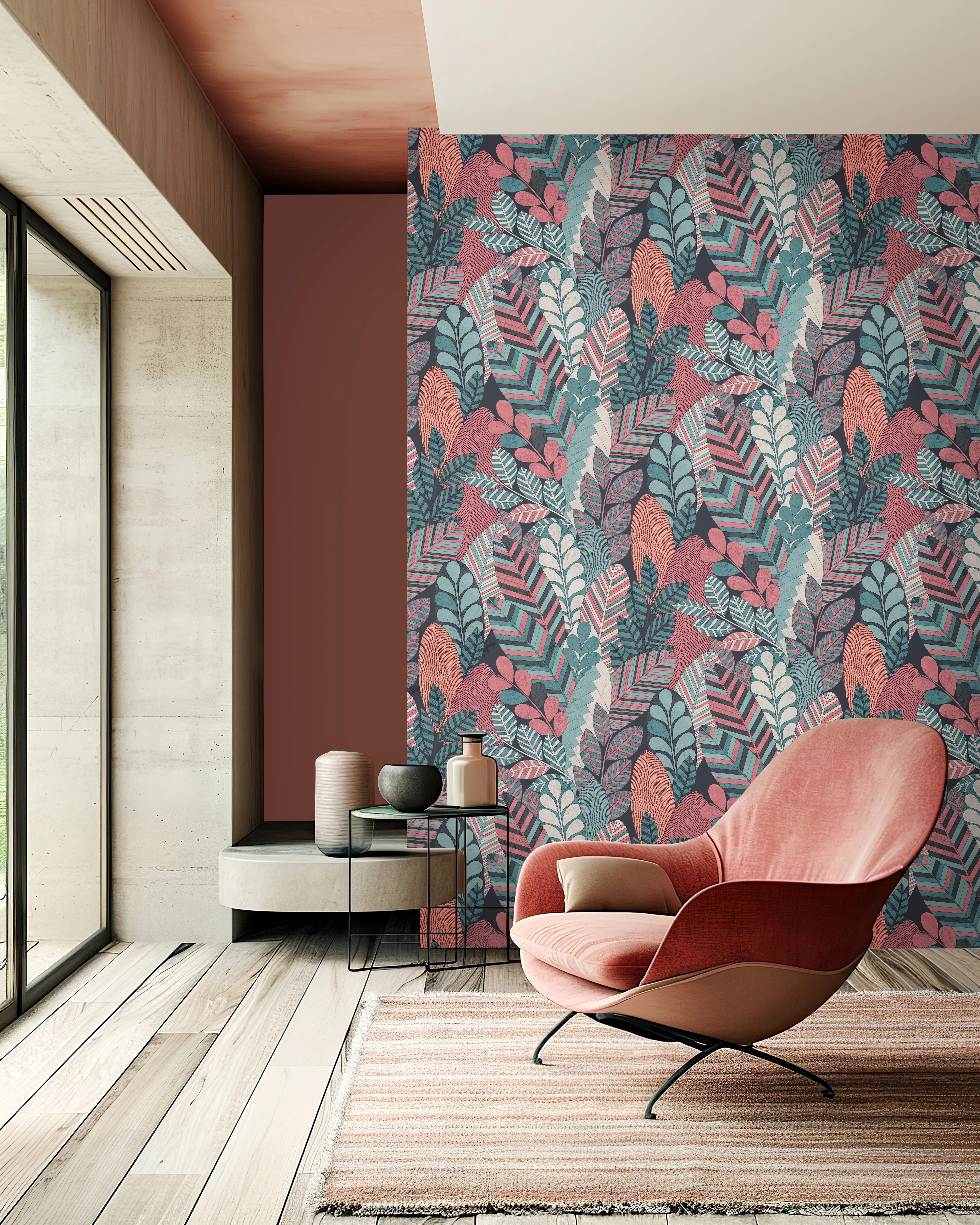 Design tapéta levél mintával korall és zöld színben