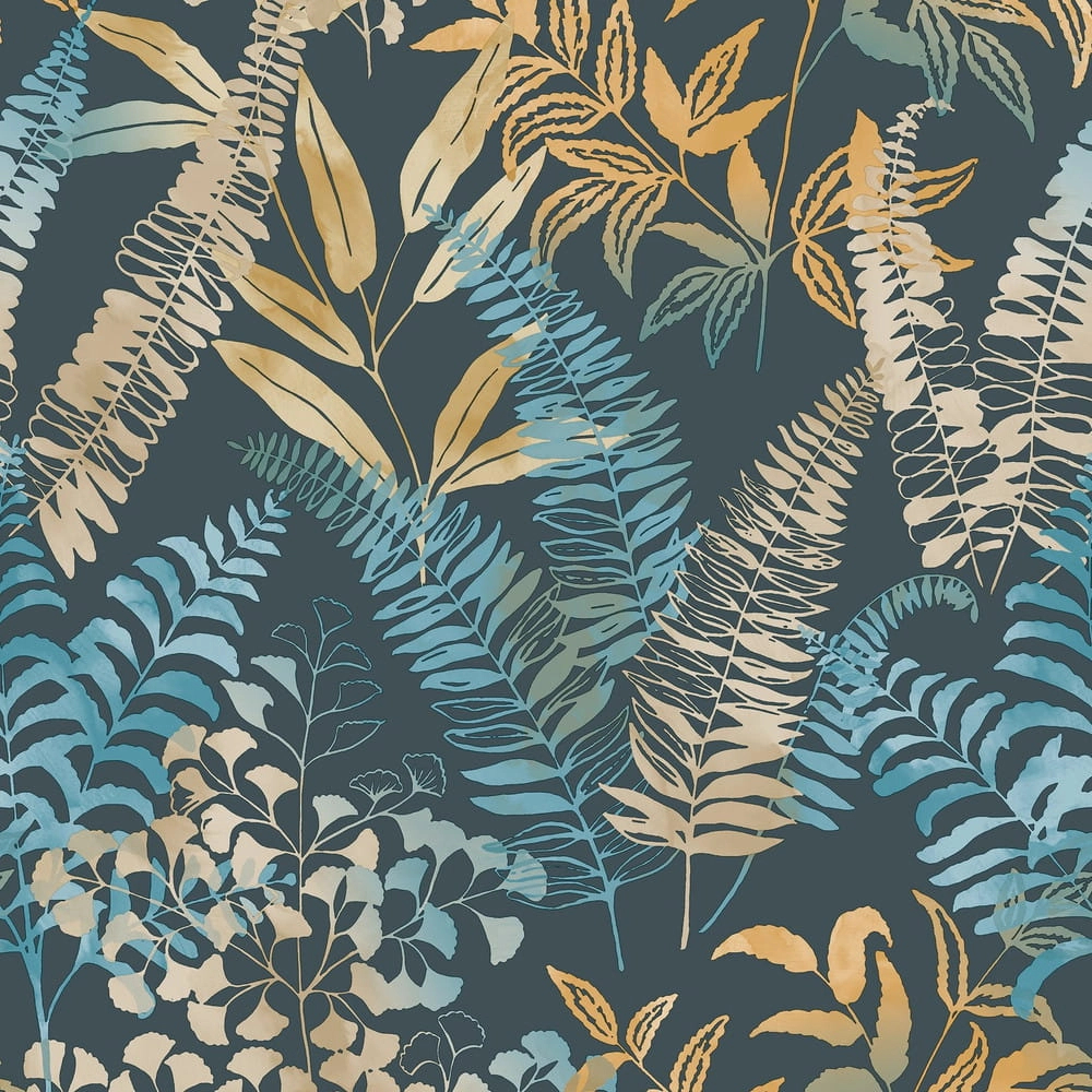 Design tapéta levél mintával matrózkék és narancssárga színben