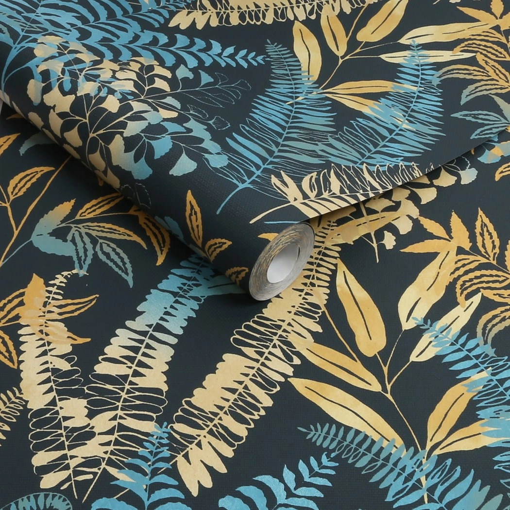 Design tapéta levél mintával matrózkék és narancssárga színben