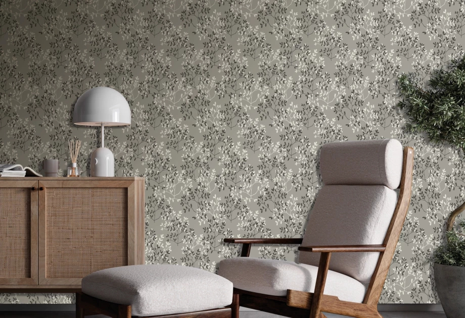 Design tapéta levél mintával szürke és fehér színben