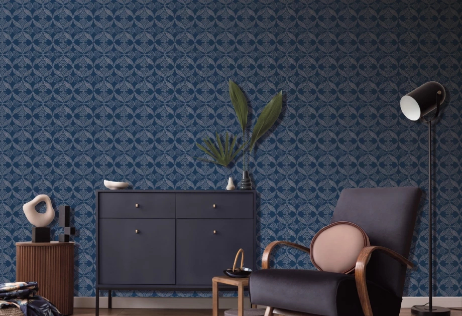 Design tapéta levél mintával szürkészöld színben