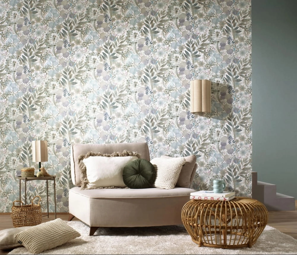 Design tapéta levél mintával türkiz kék zöld színekkel