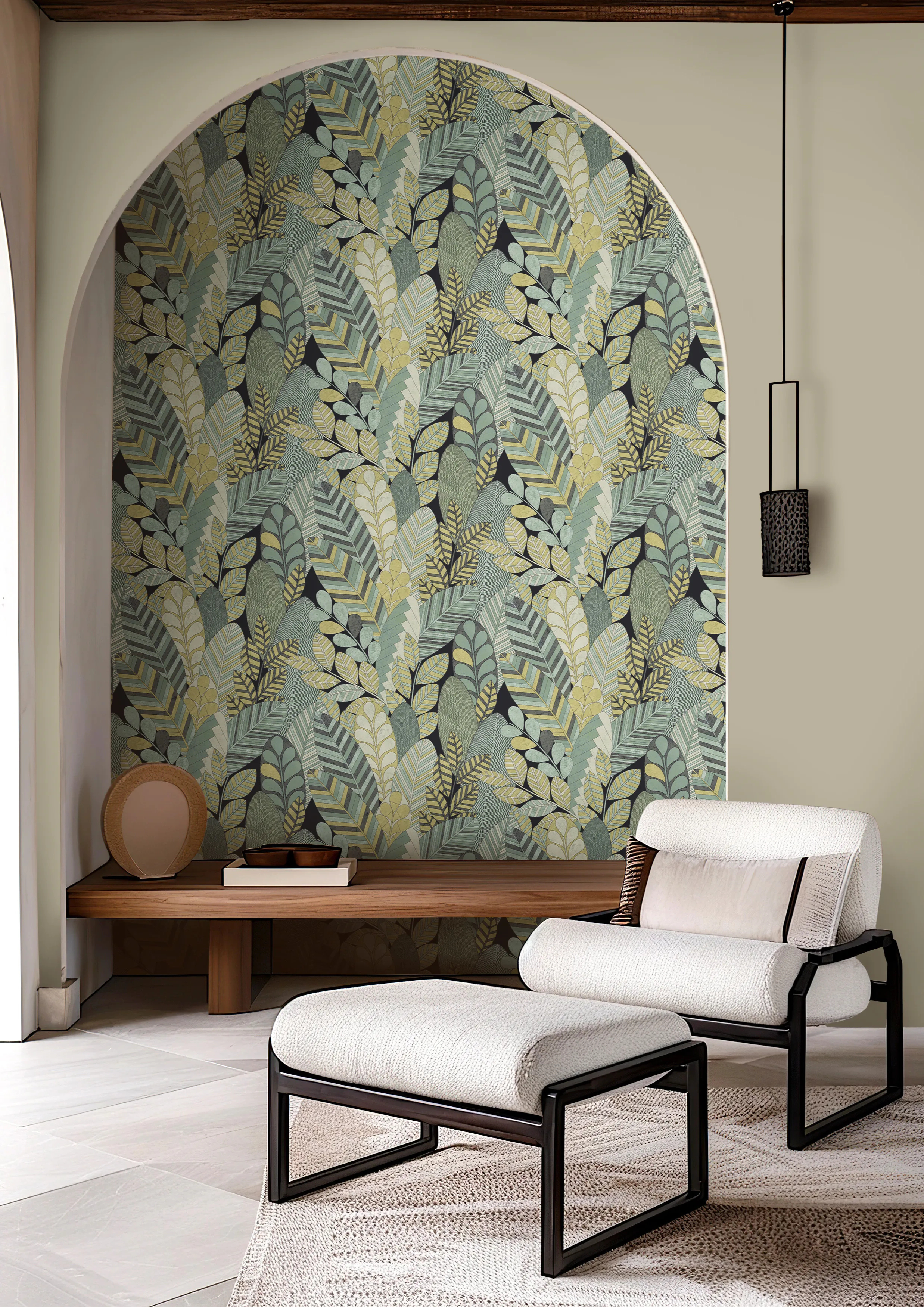 Design tapéta levél mintával világoszöld és fekete színben