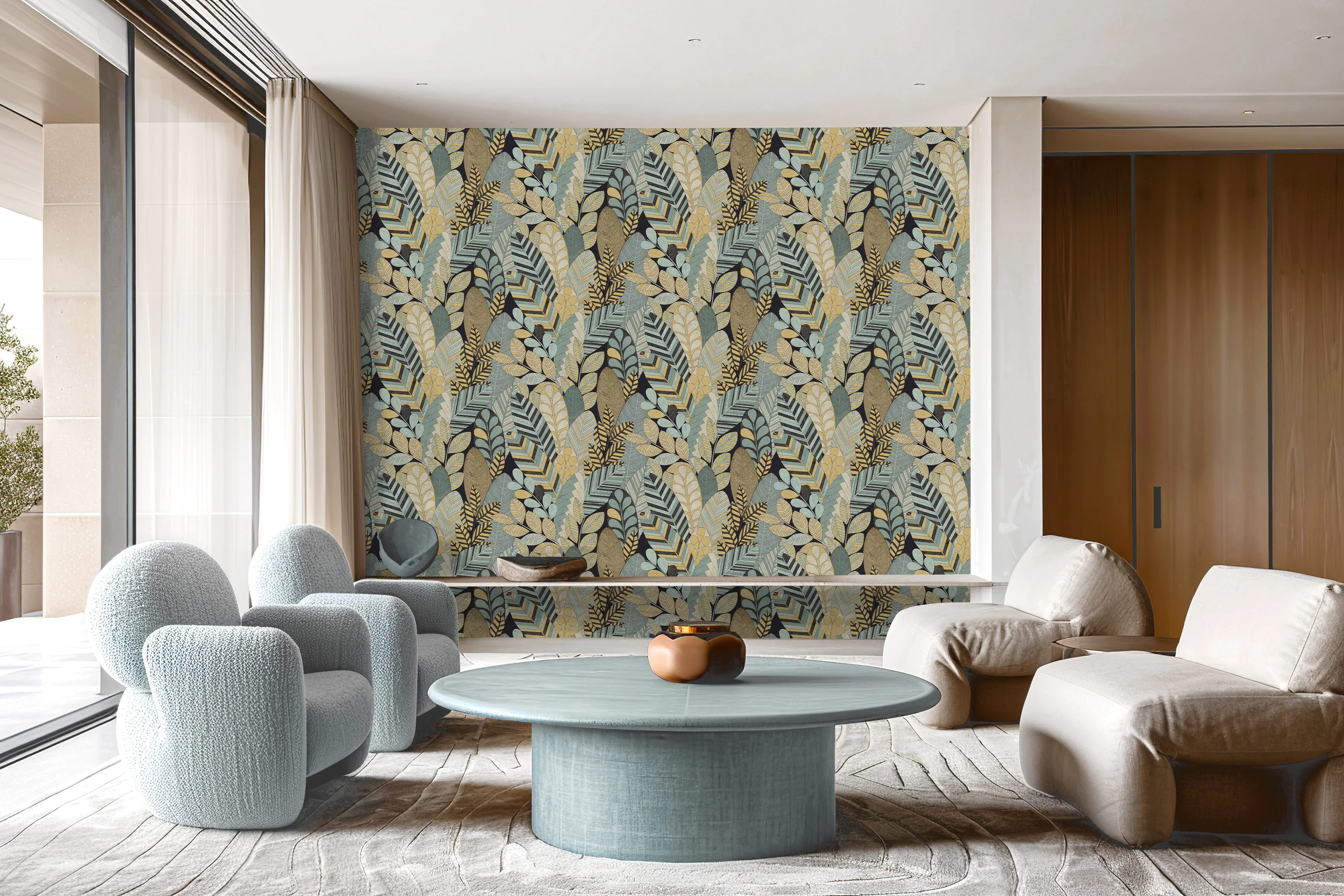 Design tapéta levél mintával zöld színben