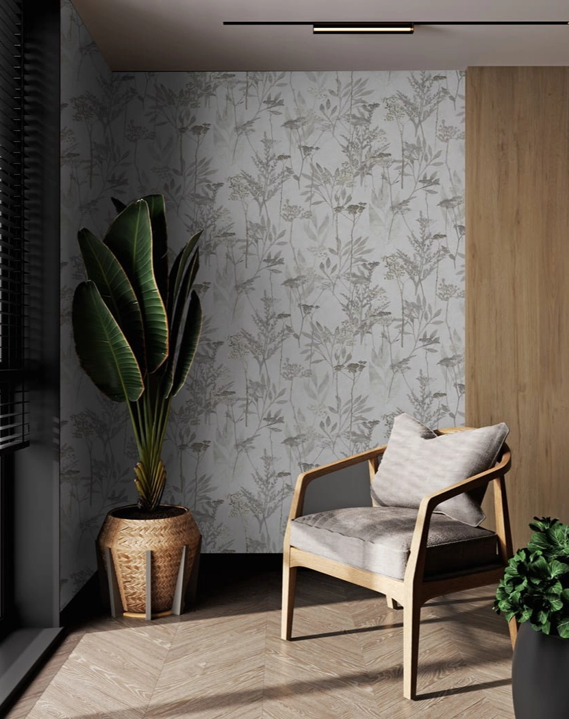 Design tapéta leveles faág mintával fehér és ezüst színben