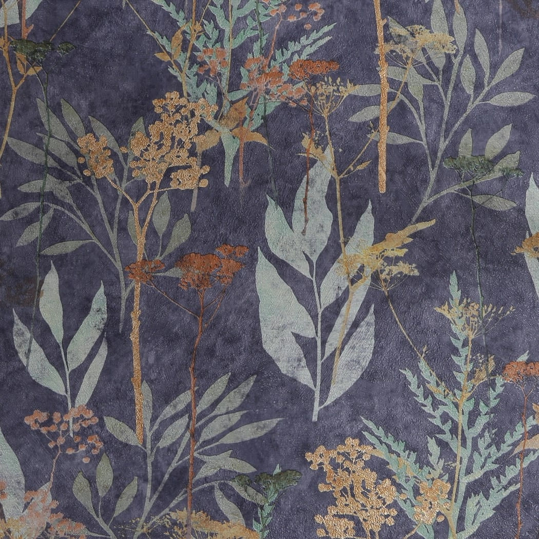 Design tapéta leveles faág mintával matrózkék és réz színben