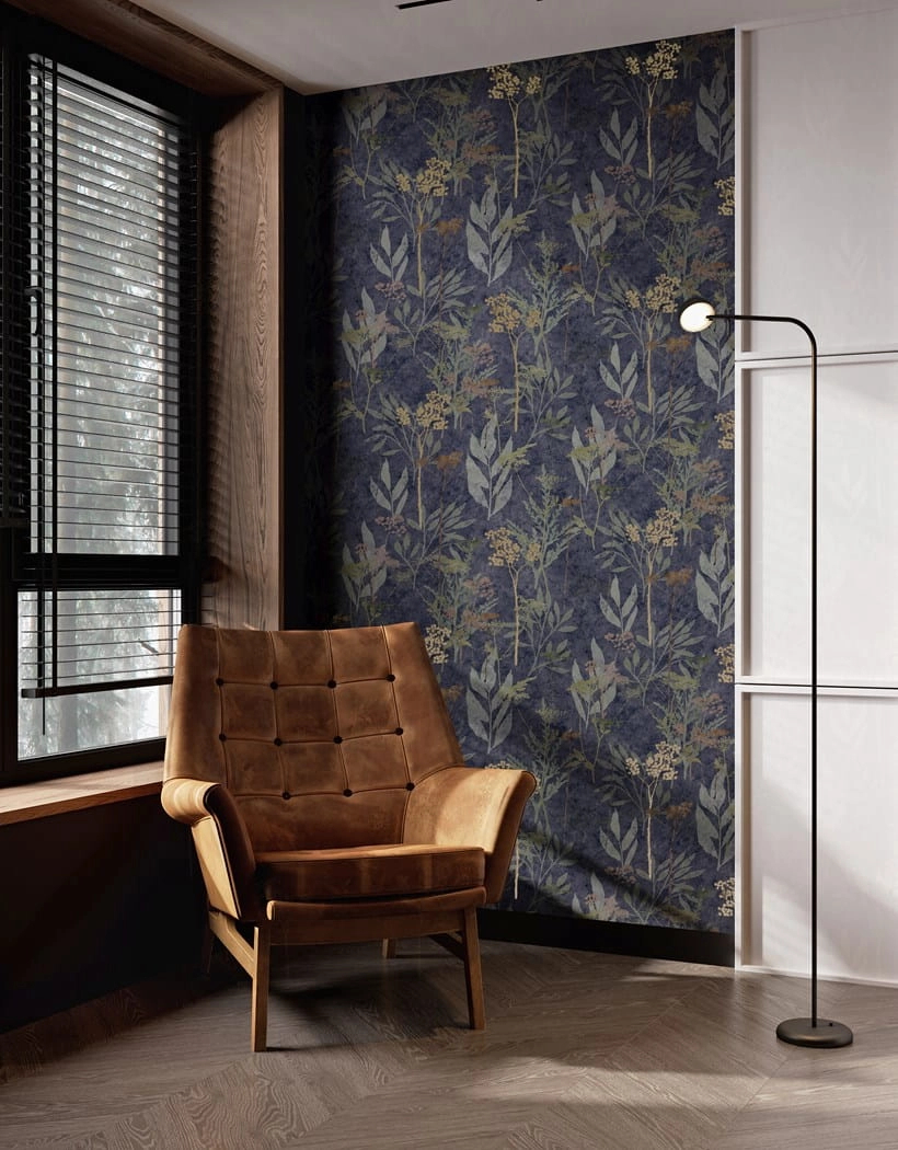 Design tapéta leveles faág mintával matrózkék és réz színben