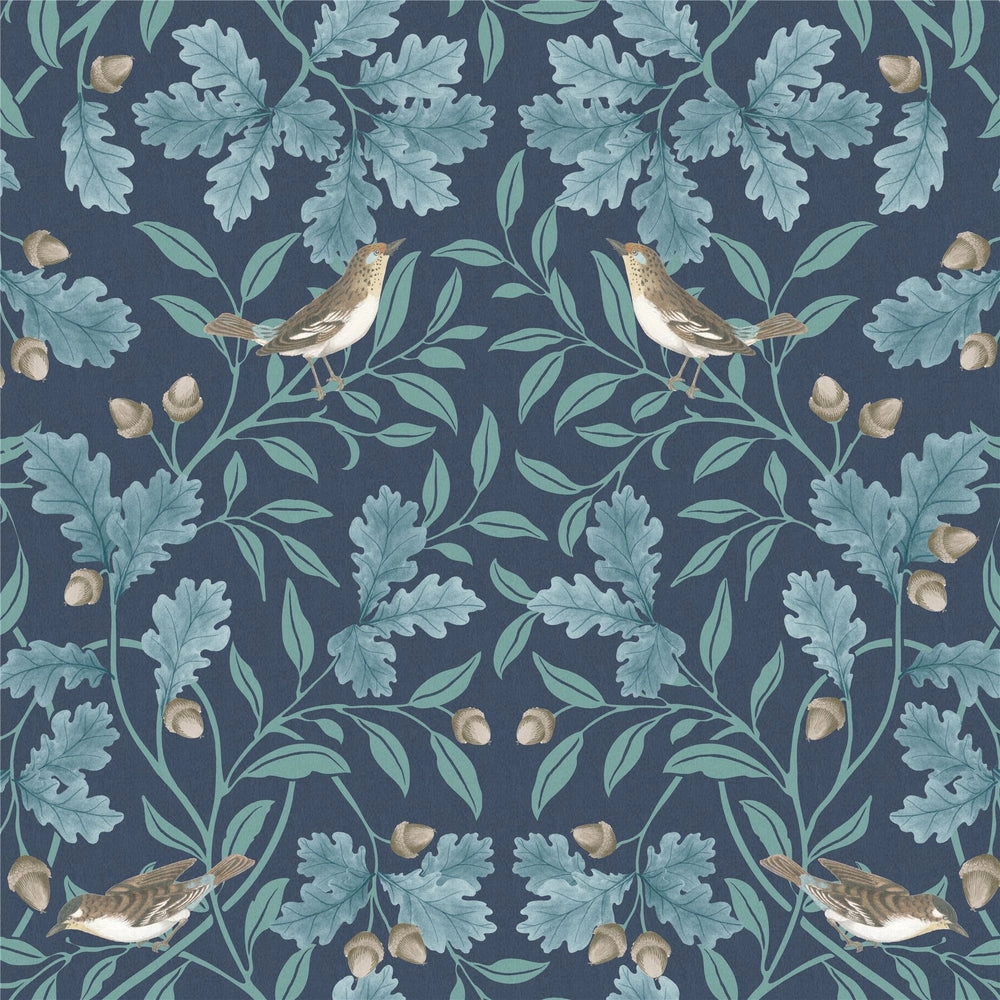 Design tapéta madár és levél mintával sötétkék színben