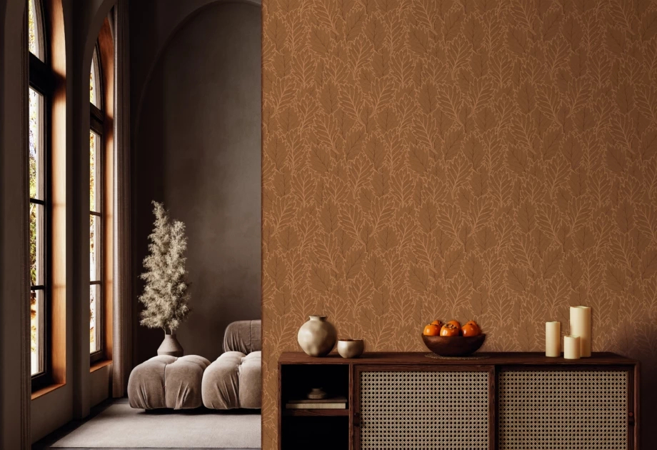 Design tapéta nagylevél mintával szürke színben