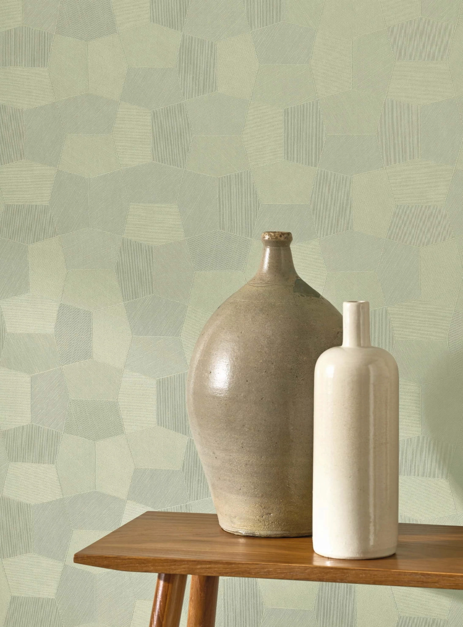 Design tapéta ötszög mintával matt zöld színben