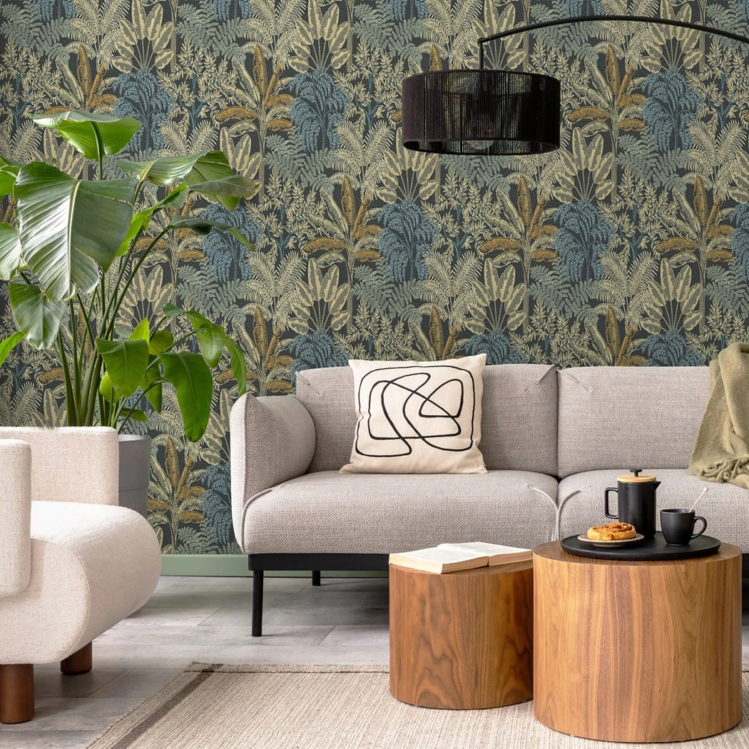 Design tapéta pálmafa mintával sötétszürke színben