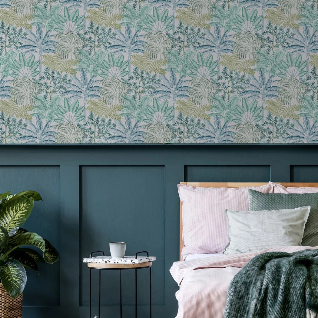 Design tapéta pálmafa mintával zöld és kék színben