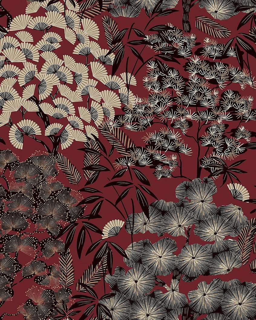 Design tapéta piros keleties botanikus mintával