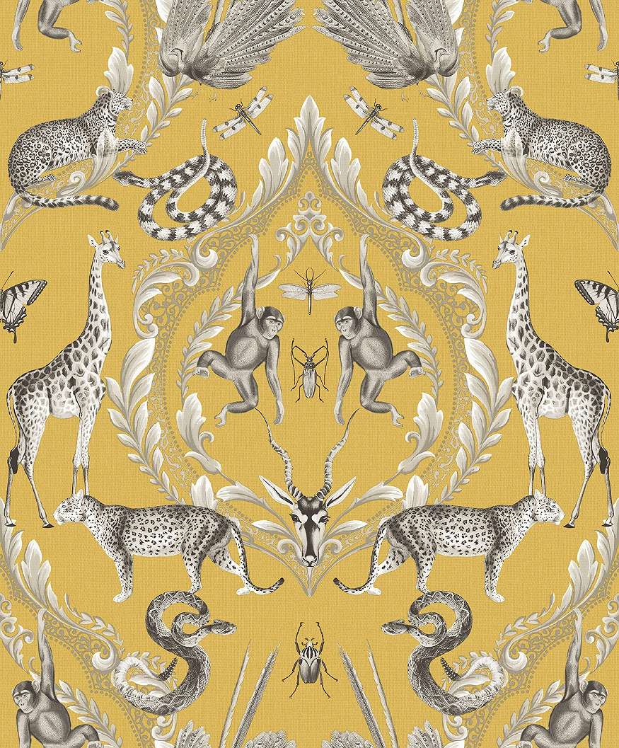 Design tapéta sárga boho egzotikus állatos mintával