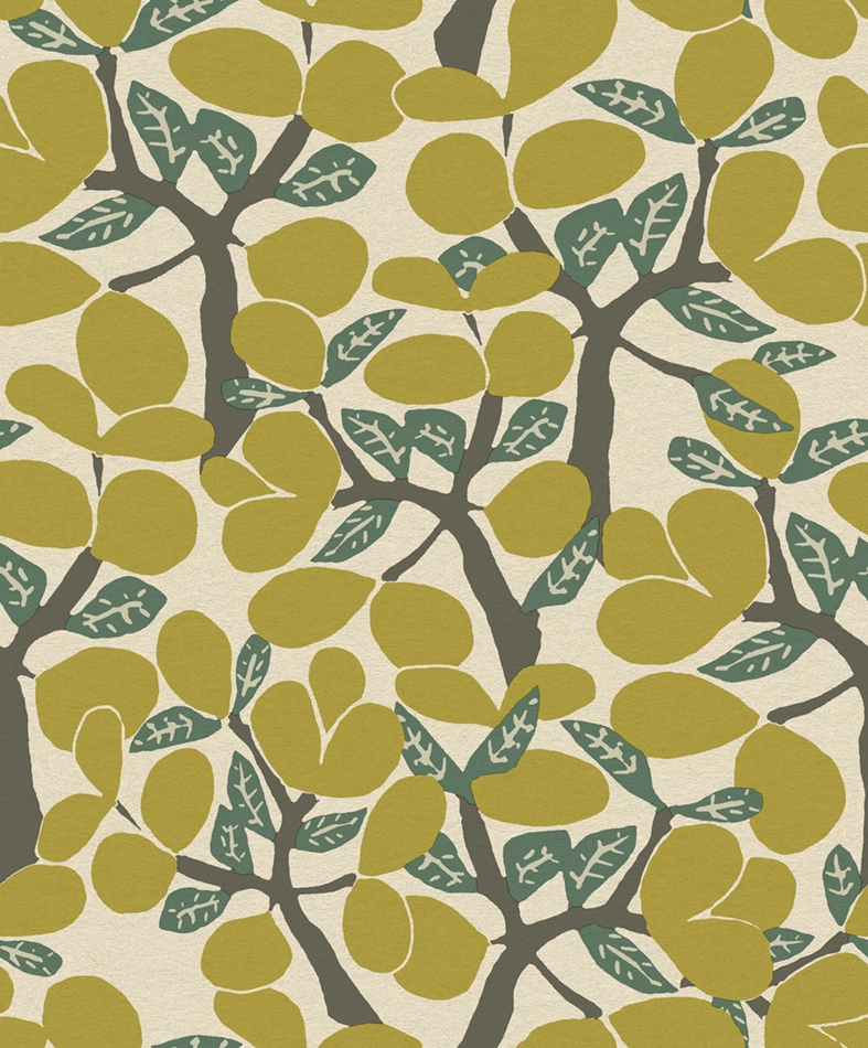 Design tapéta sárga zöld leveles mintával
