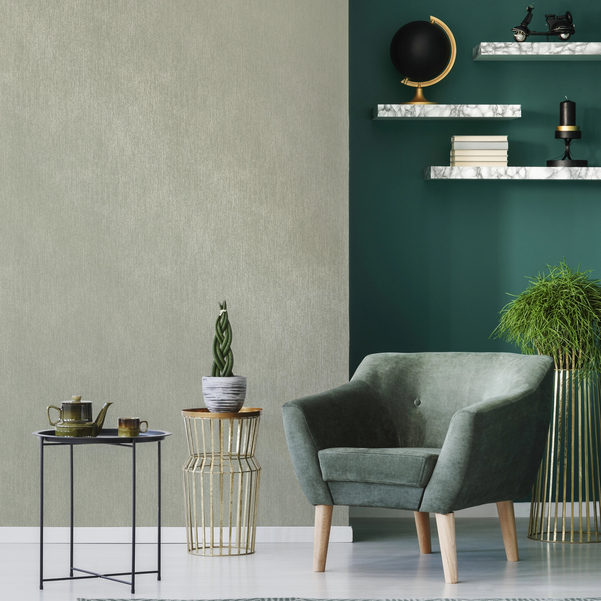 Design tapéta szálkoptatott finoman bordázott mintával zsályazöld és réz színben