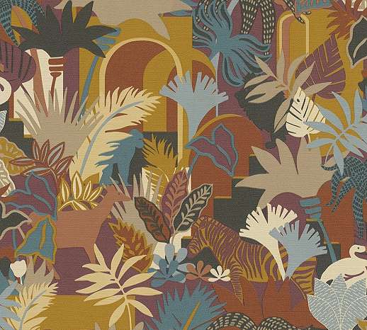 Design tapéta színes bohém afrikai állat és botanikus mintával textiles struktúrával