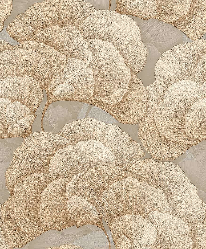 Design tapéta szürke gingko mintával textil szőtt hatással