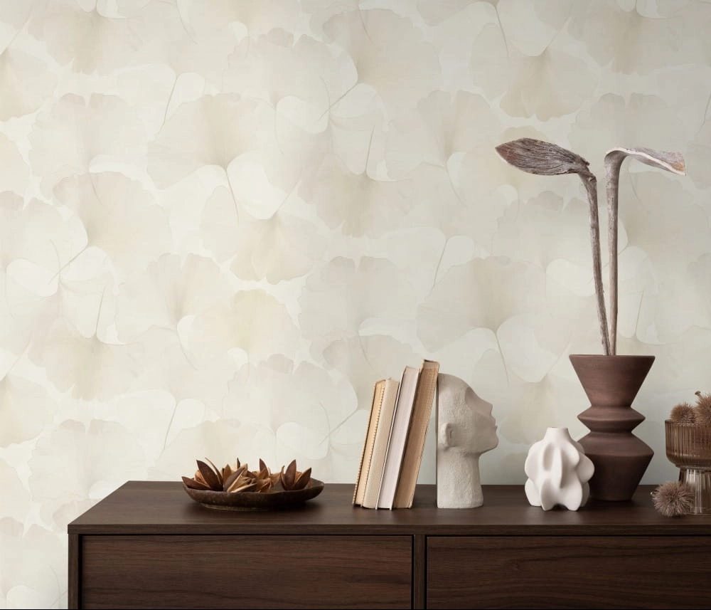 Design tapéta törtfehér gingko levél mintával dupla széles 106cm